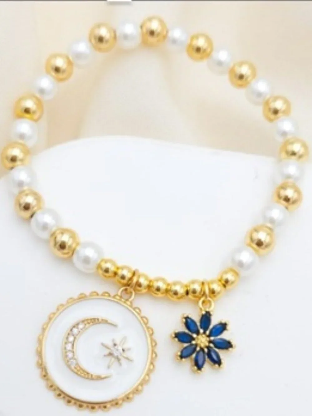 Gold & Pearl Beaded Bracelet with Moon and Flower Charms – New